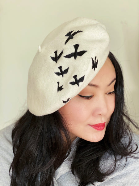 White Black Birds Wool Beret
