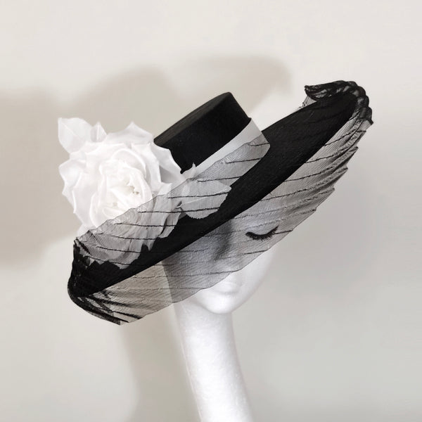 Audrey Black White Silk Flower Boater Hat