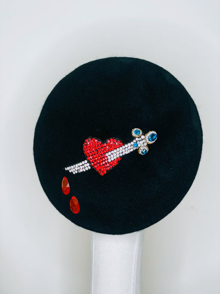 Red Heart & Dagger Beaded Teal Blue Wool Beret