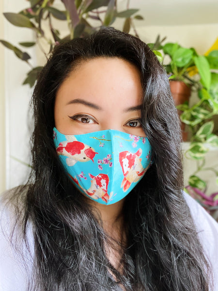 Turquoise Japanese Koi Fish Print Cotton Face Mask Cover