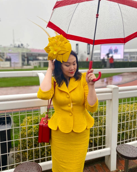 Cheltenham race yellow daffodils flowers hat fascinator spring races wedding yuanlilondon millinery