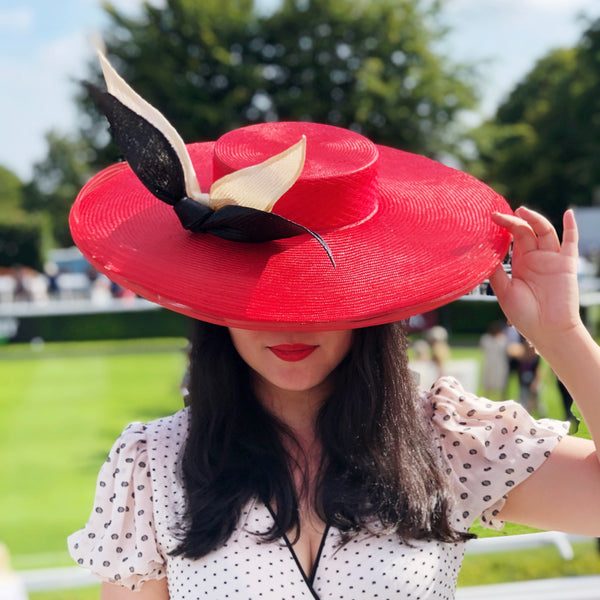 Evelyn Red Parasisal Saucer Hat with Black and White Bow