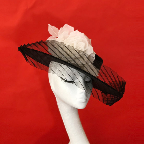 Audrey Black White Silk Flower Boater Hat