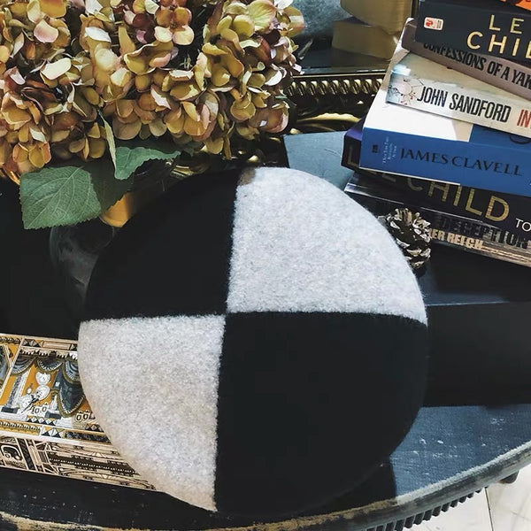 Black Light Grey Colour Blocking Wool Beret