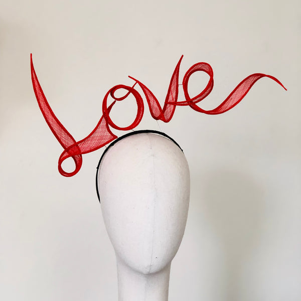 LOVE Letters Slogan Red Hand Rolled Sinamay Headband Hat Yuan Li London Millinery Bridal Veil Wedding Royal Ascot Valentine's Day Gift