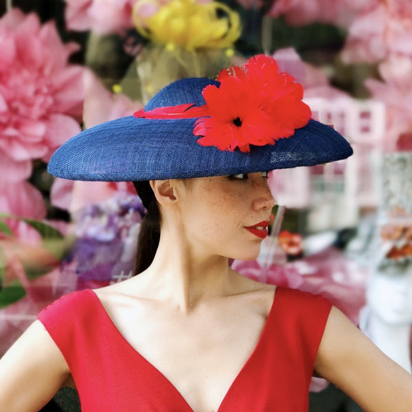Grace Navy Red Feather Flower Hat