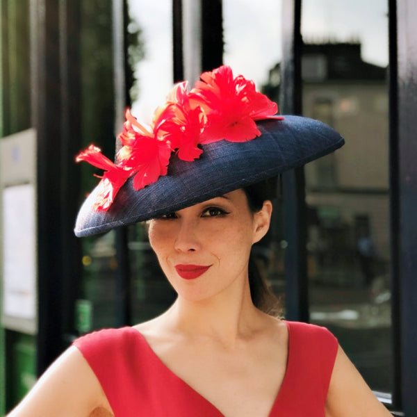 Grace Navy Red Feather Flower Hat