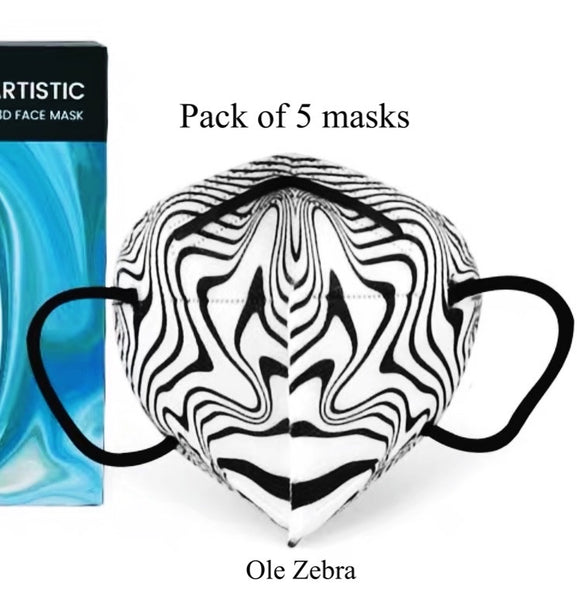 Pack of 5 Ole Zebra Abstract 3D Face Mask Limited Edition