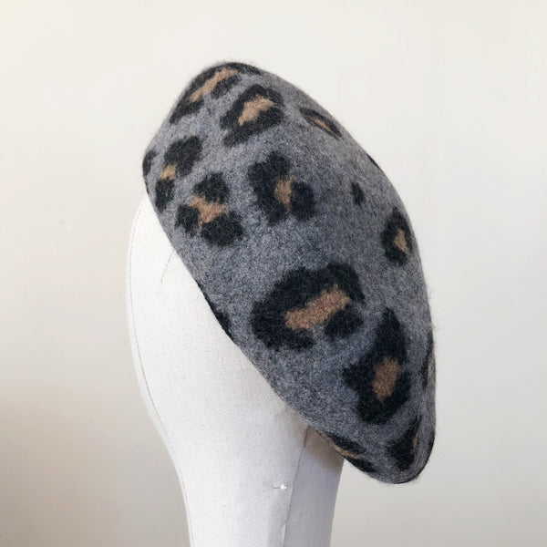 Leopard Wool Beret Grey