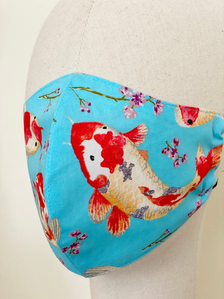 Turquoise Japanese Koi Fish Print Cotton Face Mask Cover