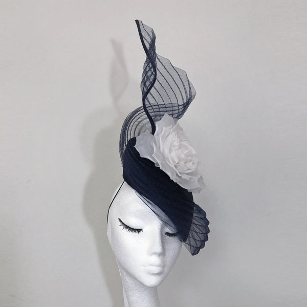 Sophie Navy White Silk Flower Veiled Hat