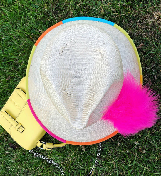 Hampstead Noen Rainbow Pom poms Straw Fedora