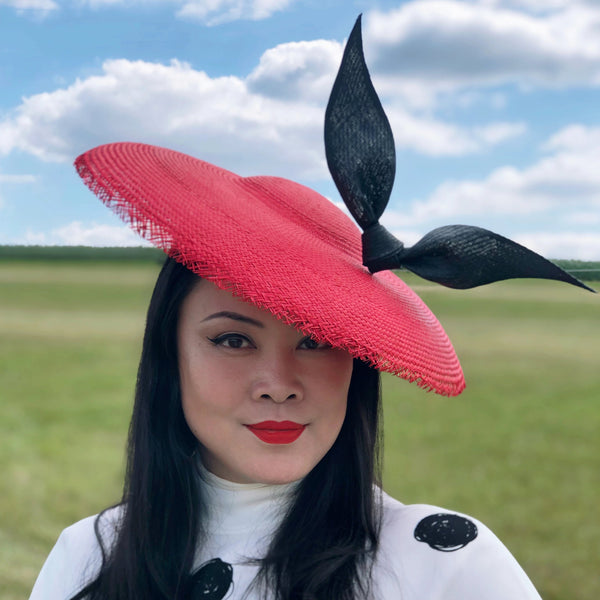 Estelle Red Buntal Saucer Hat with Black Bow