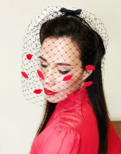 kiss red lips black birdcage veil bridal wedding party hat fascinator yuanlilondon millinery