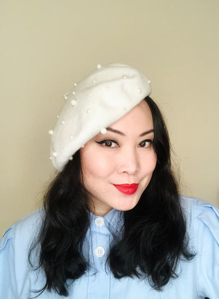 Off White Pearls Wool Beret