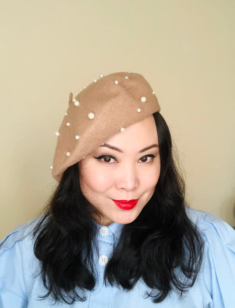 Off White Pearls Wool Beret