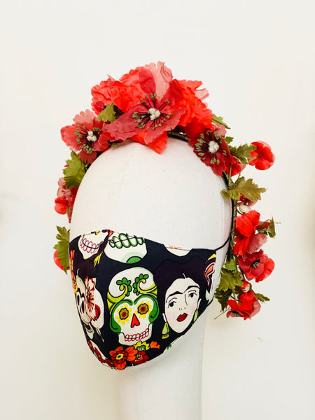 Limited Edition Frida Kahlo Flowers Sugar Skulls Print Cotton Face Cover Mask