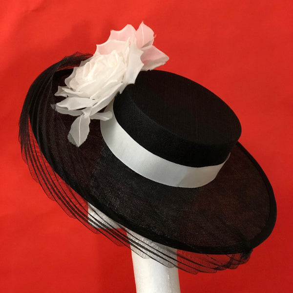 Audrey Black White Silk Flower Boater Hat