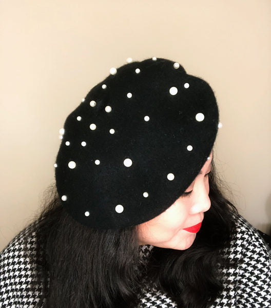 Charcoal Grey White Pearls Wool Beret