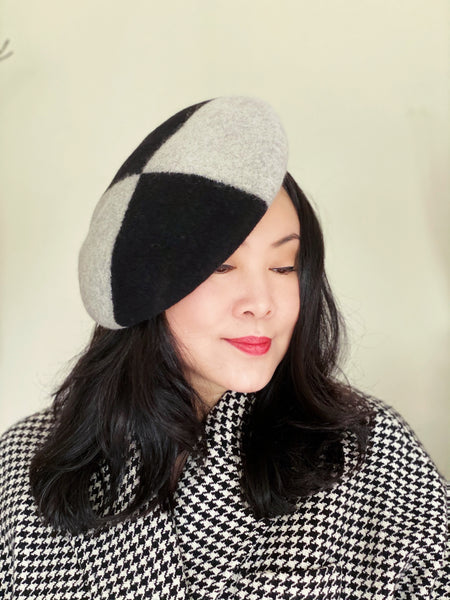 Yuan Li London Millinery Black Grey Colour blocking wool beret