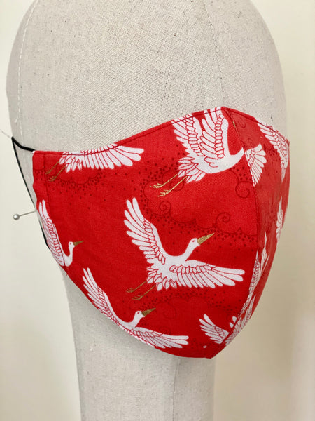 Red Gold Japanese Stork Print Cotton Face Mask Cover