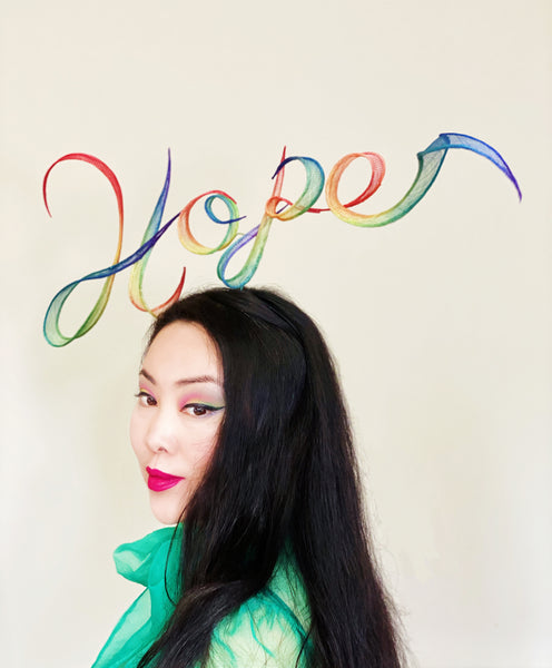 Rainbow HOPE Hand Rolled Sinamay Slogan Headband