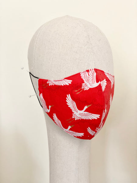 Red Gold Japanese Stork Print Cotton Face Mask Cover