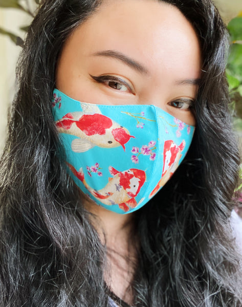 Turquoise Japanese Koi Fish Print Cotton Face Mask Cover