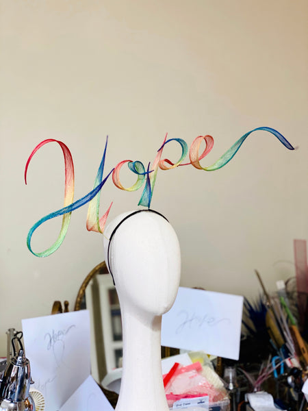 Rainbow HOPE Hand Rolled Sinamay Slogan Headband