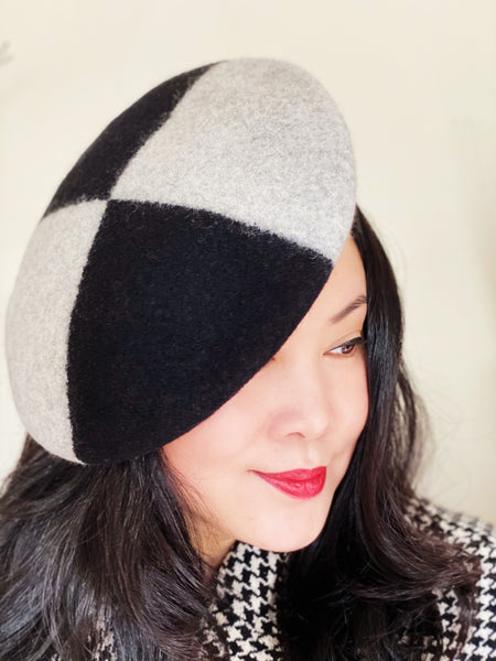 Yuan Li London Millinery Black Grey Colour blocking wool beret