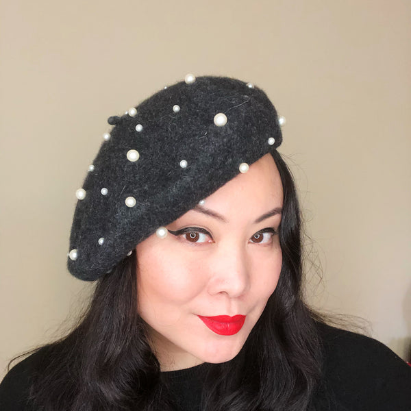 Charcoal Grey White Pearls Wool Beret