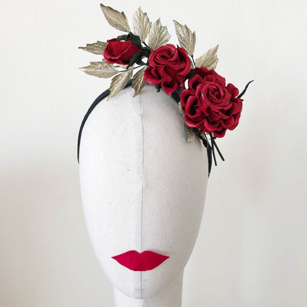 Frida Kahlo Inspired Red Leather Rose Headband Fascinator
