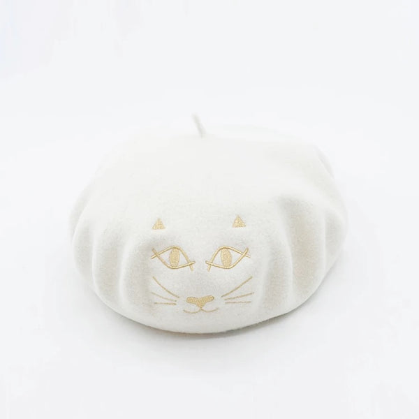 Kitty Cat White Wool Beret